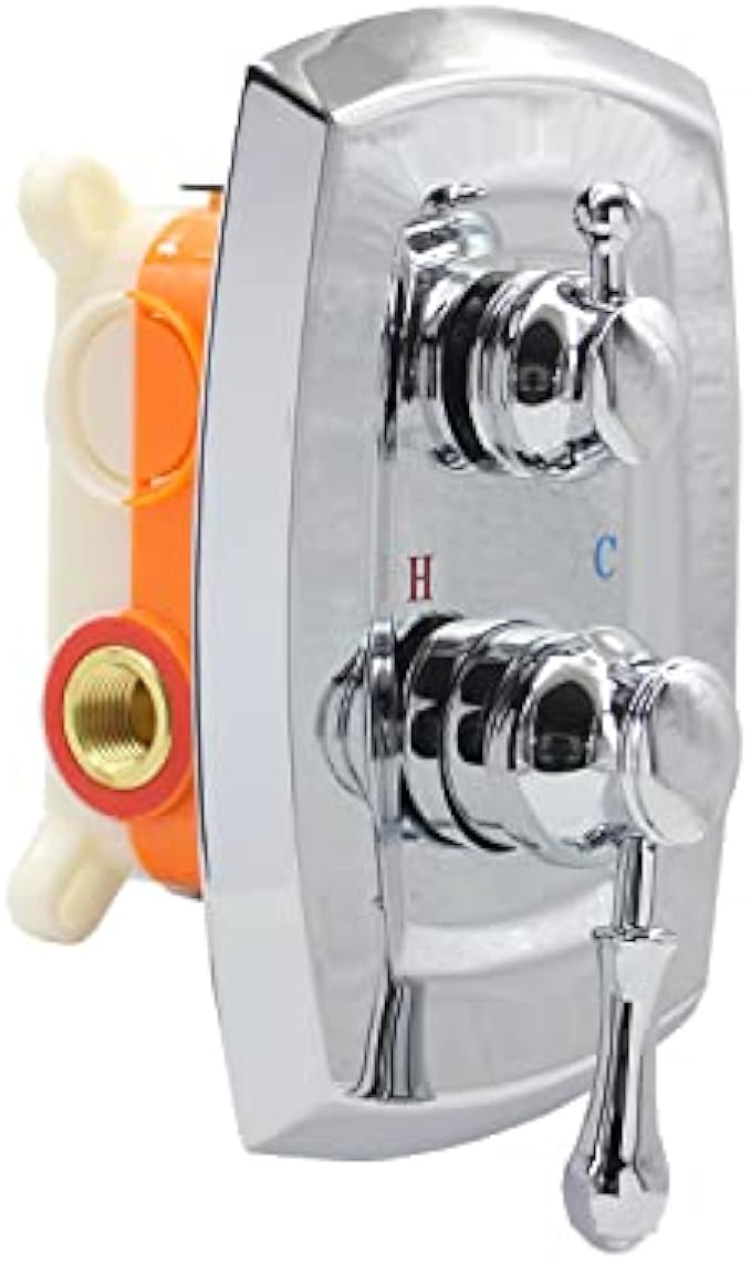 3 Way Shower Valve and Trim Kit(Polished Chrome), 3-Function in 1 Switch Diverter Water Rough-in Valve Antique Shower Faucet Valve Replacement Wall Mounted, Flow Control