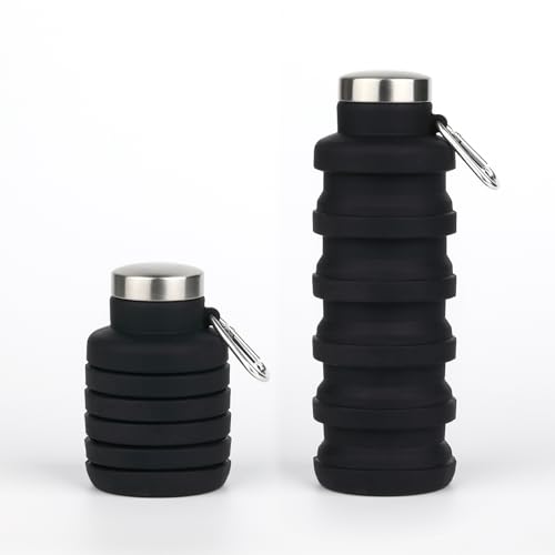 Collapsible Water Bottles 16oz Capacity Portable Reusable Silicone Water Bottle Leak-proof with buckle foldable storage Lightweight Durable for Fitness Cycling Sports Camping HikingDeep Black