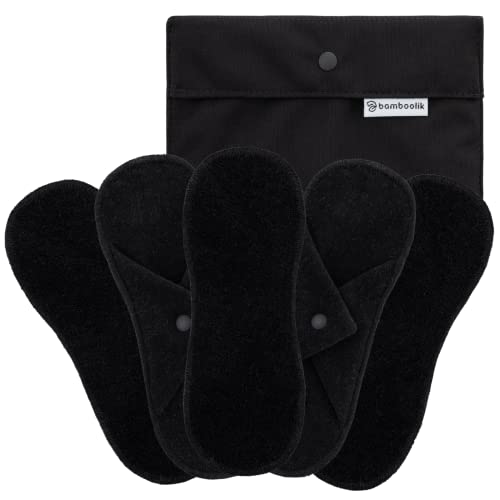 Bamboolik Salvaslips lavable | algodón orgánico | botón a presión | juego de 5 unidades - negro + mini bolsa de humedad negra | reutilizable | compresas de tela