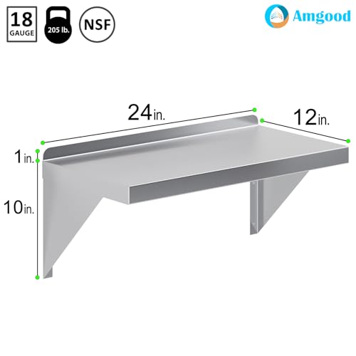 Image of AmGood 12 inch Width x 24 inch Length | Stainless Steel Wall Shelf | Square Edge | Metal Shelving | Heavy Duty | Commercial Grade | Wall Mount | NSF Certified