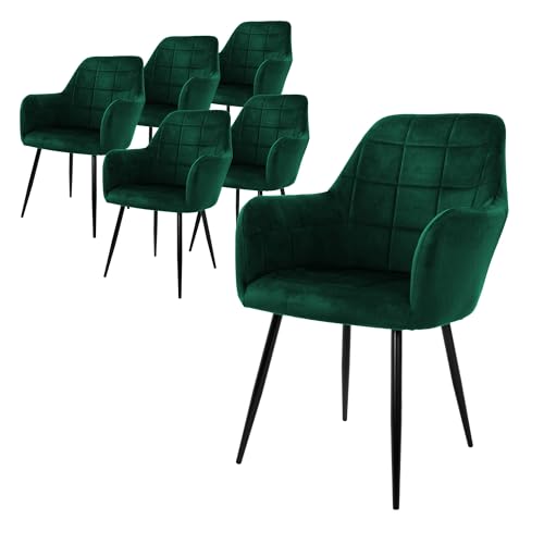 ECD Germany Lot de 6 Chaises de Salle à Manger - Vert Foncé - Style Rétro - Assise Rembourrée Aspect Velours - Pieds en Métal Noir - avec Dossier et...