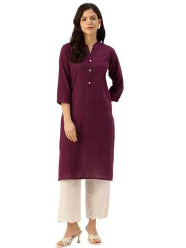 Image of feranoid Women's Plain Cotton Kurta with Mandarin Collar, 3 /4 Sleeves & Pocket