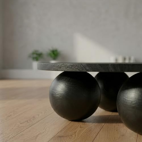 Image of Solid Mango Wood Modern - Round Coffee Table with Ball Shape Base - Bohemian Solid Wood Coffee Table for Office and Living Room C#058 (Black)