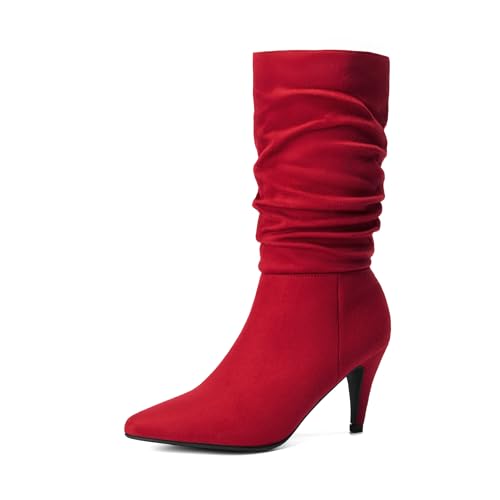 DREAM PAIRS Women's High Heel Mid Calf Boots Slouchy Pointed Toe Fall Boots,Size 7.5,Red/Suede,KIMLY