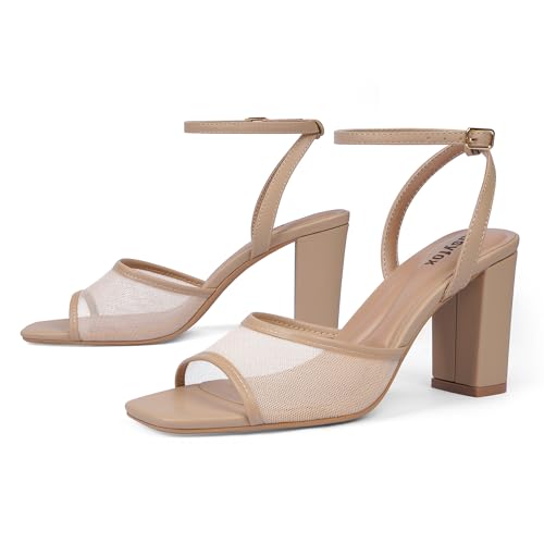 Image of Easyfox Chunky Heel Nude Sandals Nude Mesh Heels for Women Square Open Toe 3 Inch Strappy Heels Ankle Strap Dress Block High Heel Shoes Size 6.5