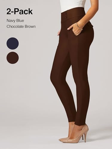 Conceited 2-Pack Stretch Slacks for Women - Wear to Work - Slim Leg Dress Pants with Pockets - Navy, Brown - (X-Large)3