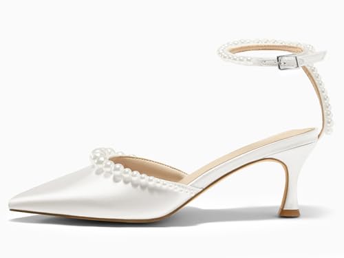 Image of Coutgo Womens Pearl Kitten Heels Closed Pointed Toe Wedding Bride Dress Shoes Ankle Strap Satin Pumps