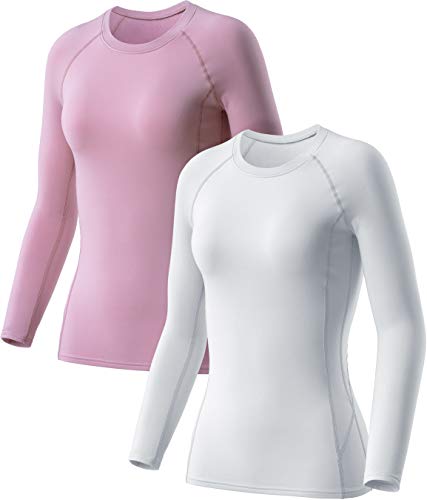 TSLA Women's Wintergear Compression Baselayer Long Shirts, Wintergear 2pack(xud74) - White/Beige Pink, Medium