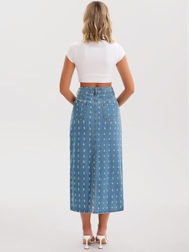 Women Denim Midi Skirt High Waisted Swiss Dots Back Slit Casual Jean Column Skirt3