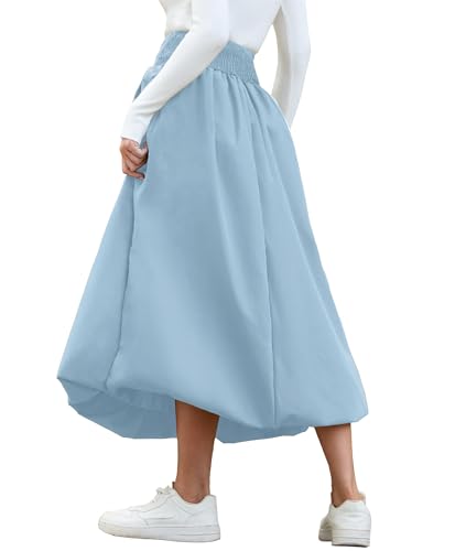 Women's Bubble Long Skirt Elastic Waist A-Line Pleated Ruffle Flowy Balloon Maxi Skirts with Pockets