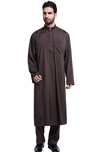 GladThink Men's Thobe with Long Sleeves Arab Muslim Wear Calf Length Coffee XXL
