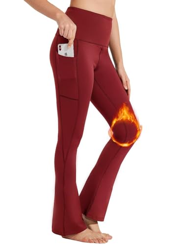 BAYGE Pantalón Térmico Mujer Bootcut Invierno Cintura Alta Forro de Forro Polar Impermeable Opaco Control de Abdomen Slim Fit Leggings Pantalón de Deporte Acampanado con Bolsillos, Rojo, M