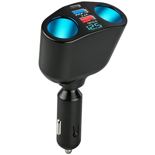 Car Charger Cigarette Lighter Adapter 12v-24v Dual Usb Car Splitter Double Car Lighter Adapter with LED Voltmeter USB QC3.0 Charger Multi-Socket Fast Charging for Smart Phones/GPS/Vehicle Devices