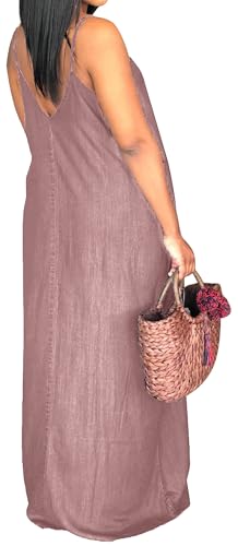 Image of SeNight Women's Maxi Denim Dress Spaghetti Strap with Pockets | Maxi Denim Dress Spaghetti Strap Loose Fit Summer Beach Long Dress with Pockets