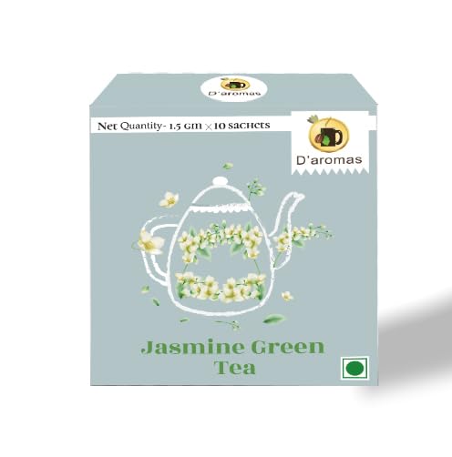D'aromas Jasmine Tea Bags | Fragrant Jasmine Flowers & Premium Green Blend | Delicate Floral Aroma | Refreshing Wellness Tea | 10 Tea Bags (1.5g Each) | D'aromas Herbal Tea