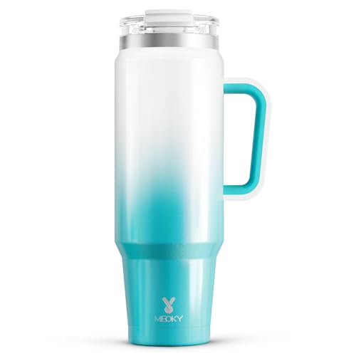 Image of Meoky 40 oz Tumbler with Handle and Straw, Insulated Tumbler with Lid and Straw, Stainless Steel Travel Mug, Keeps Cold for 34 Hours, 100% Leak Proof, Fits in Car Cup Holder (Azure)