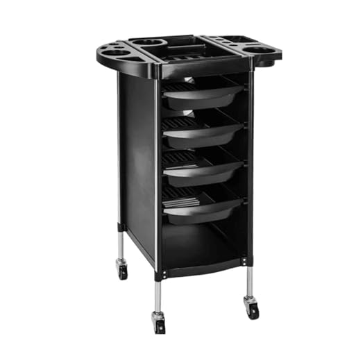 CROWNSHOP Hairdresser Trolley Salon Hairdressing Trolley with 4 Drawers Beauty Storage Cart Side Tray Hair Dryer Holder on Wheels Spa Barber Tool