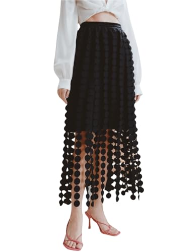 Womens Solid Polka Dot Hollow Out Maxi Skirts High Waisted Boho Fringe Hem Skirt Beach Vacation Work Outfits4