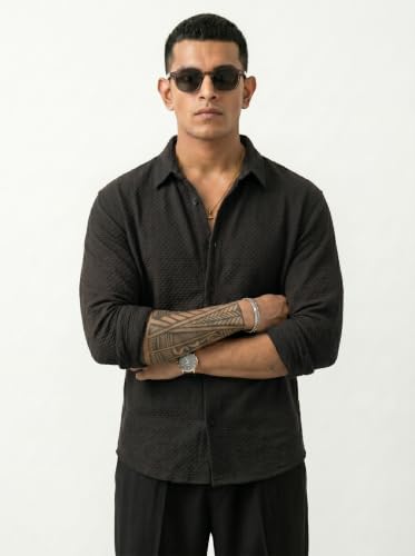 Image of Men's Casual Button Down Shirts Long Sleeve Cotton Bland Shirt Fashion Textured Beach Summer Shirt