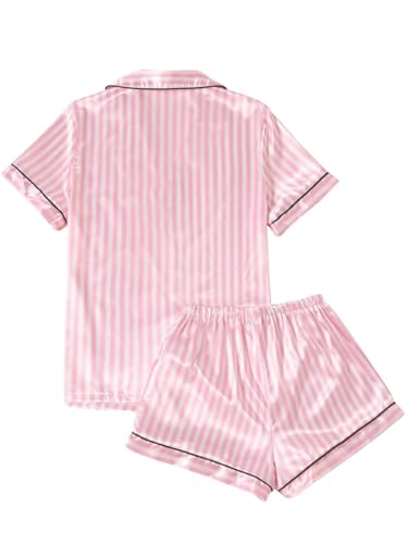 Image of Remidoo Women's Silk Satin Pajama Set Striped Button Up Pjs Short Sleeve Loungewear