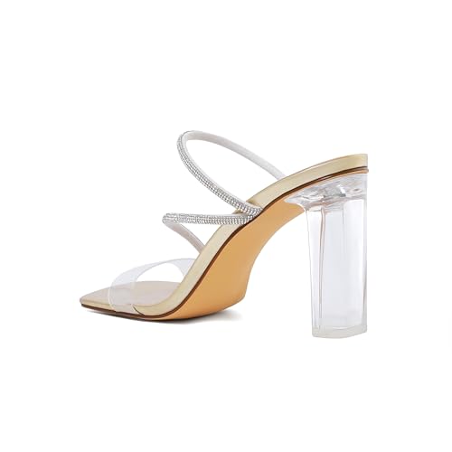 Image of vivianly Womens Square Toe Clear Rhinestone Strappy Heeled Sandals Transparent Block High Heels Slides Slipper Wedding Dress