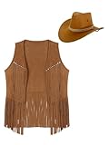 HULIJA Damen Western Cowgirl Kostüm Lederflickensuede Westen Mit Cowboyhut Halloween Karneval Kostümanzug Braun S