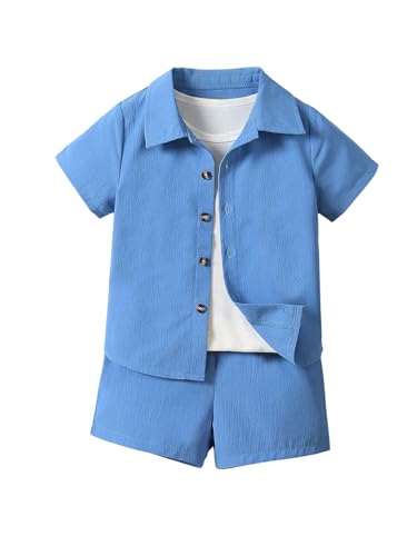 Image of SweatyRocks Boy's 2 Piece Summer Vacation Outfits Short Sleeve Collar Button Down Shirt and Shorts Clothing Set