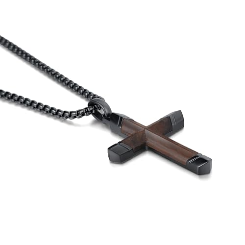 Cross Necklace for Men, Real Ebony Wooden Mens Cross Necklace Black Stainless Steel Christian Handmade Wood Pendant for Men, 24 Inch Box Chain