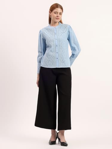 Image of Women's Blue Embroidered Panel Shirt | Elegant Mandarin Collar Button-Down Top | Full Sleeve Formal & Office Wear Shirt