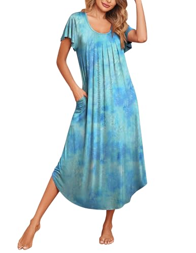 Image of Ekouaer Long Nightgowns for Women with Pockets Short Sleeves Moo Moos for Women Casual Maxi Dress House Dresses S-XXXL
