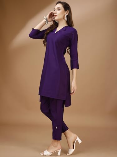 Womanista Blend Women's Purple Colour Chanderi Silk Fabric Tunic And Trouser Coord Set Ankle Length (Co-Ords_9029 2Xl)