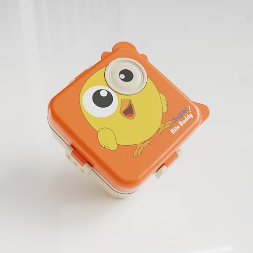 Image of Darkpyro Super Bite Buddy Cartoon Kids Lunch Box with Compartments - Air Vent, Spoon, Sauce Container & Stainless Steel Tray - Orange Chick Design (1100ml+50ml)