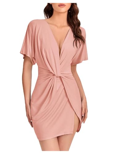 Image of Floerns Women's Deep V Neck Twisted Plunging High Slit Mini Party Dress