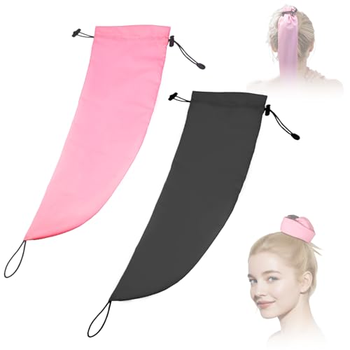 2PCS Crown Washing Shower Cap Waterproof Hair Sleeve for Long Hair Reusable & Adjustable Wash Cap for Quick Root Refresh Protect Styled Hair Locs Braids for Shower Gym Travel Beach(Black+Pink)