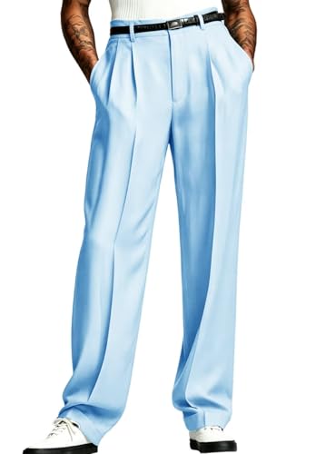 Men's Pleated Trousers Solid Classic Relaxed Fit Suit Pants for Work Wear Sky Blue