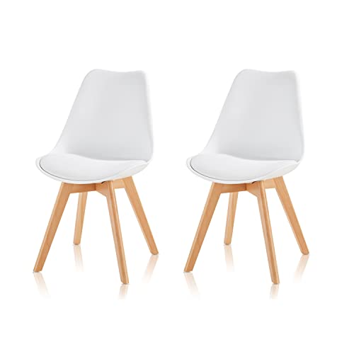 KHG 2er Set Esszimmerstühle Polsterstuhl Küchenstuhl Weiß Scandi Stil - Stuhlbeine aus...