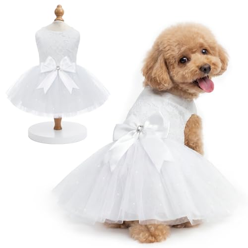 XPUDAC Dog Dress for Small Dogs Girl Lace Puppy Dress with Bow Cute Tutu Skirt Dog Princess Dress Pet Clothes Formal Outfit for Wedding Party Birthday White XS
