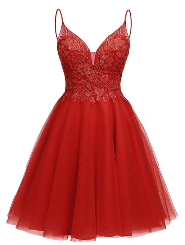 Image of Sparkly Tulle Homecoming Dresses Short Lace Prom Dresses for Teens V Neck Beaded Cocktail Dresses