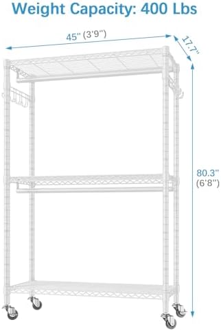VIPEK V12 Rolling Garment Rack 3 Tiers Adjustable Wire Shelving Clothes Rack with Wheels, Freestanding Wardrobe Storage Rack Heavy Duty Metal Clothing Rack for Hanging Clothes, White