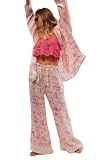 SOOKABEILA Womens Y2k Silk Pajama Sets Floral Print Long Sleeve Button Down Shirts Wide Leg Pants 2 Piece Lounge Sets (Pink,M)