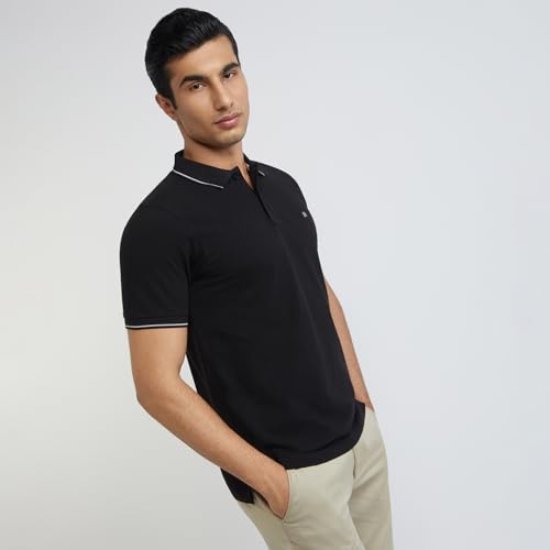 Image of Raymond Men's Modern Fit Solid Pattern Pure Cotton Polo Neck Half Sleeve Casual T-Shirt