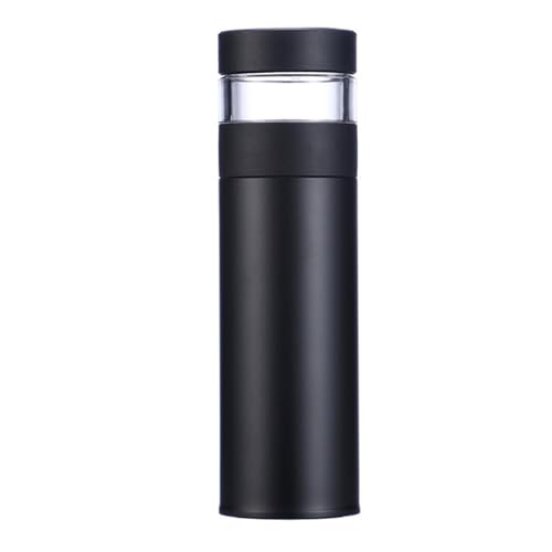 Vrapnudc 水筒 茶こし付き お茶水分離ティーカップ 温度表示スマートバキュームフラスコ 420ml コップ 付き ステンレス 軽量 大容量 漏れ防止 真空断熱 直飲み 持ち運びが容易 自宅用 出張先(ホワイト、ブラック) black