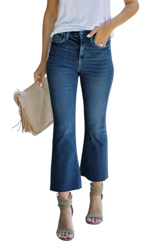 Women's High Waisted Crop Flare Jeans for Women Cropped Bell Bottom Jeans for Women Denim Pants with Live Hem,Dark Blue,4