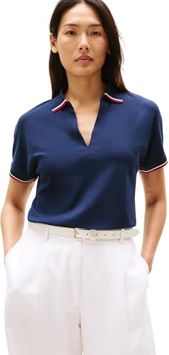 Tommy Hilfiger Polo Manches Courtes Femme Lyocell Tipping Open sans Patte de Boutonnage, Bleu (Dark...