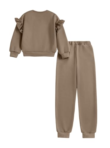 Image of Hilinker Girls 2 Piece Outfits Cute Ruffled Long Sleeve Top and Sweatpants Workout Clothing Set Brown 9-10 Year