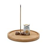 Newwe Ceramic Owl Incense Holder with Bamboo Ash Catcher Incense Stick Burner Incense Sticks Holder , Cute Animal Statue Home Insencents Burner