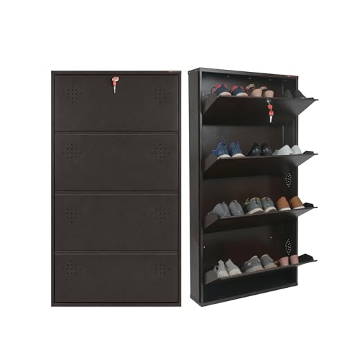 Image of 4 Door Wall Mounted Metal Shoe Rack Cabinet, Brown, 52x26x6 Inch