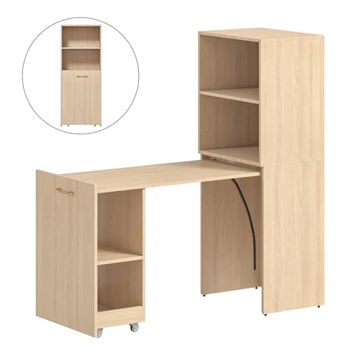 Image of Zevemomo Folding Desk, Convertible Table with Shelves & Wheels - Beige