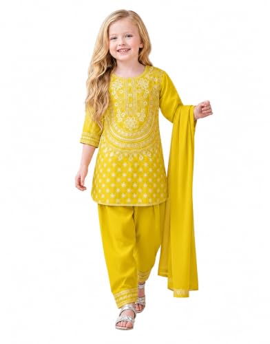 Image of A.T.U.N. (ALL THINGS UBER NICE) Girls Designer Embroidered Salwar Suit with Dupatta | Elegant 3 Piece Traditional Ethnic Outfit for Weddings Festivals & Special Occasions
