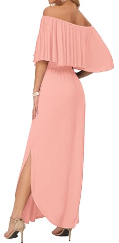 Image of AUSELILY Womens Off Shoulder Ruffle Split Summer Maxi Dresses with Pockets | Off-shoulder Ruffle dress with empire waist & side split for summer beach and casual parties